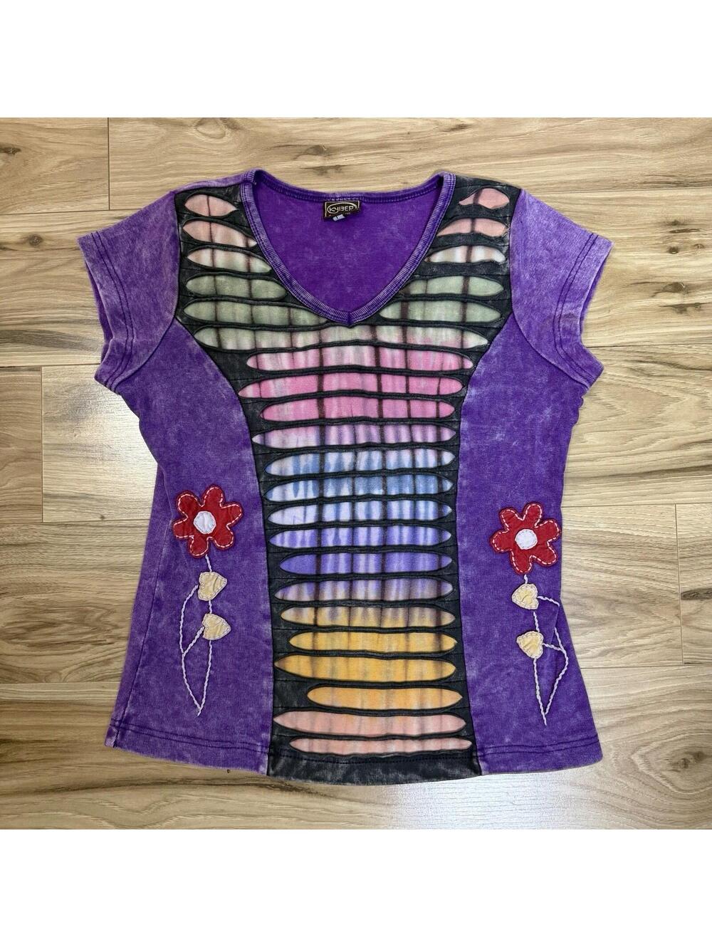 Kyber Outerwear Purple Acid Wash Rainbow Slash Tee Flower Applique Y2K L